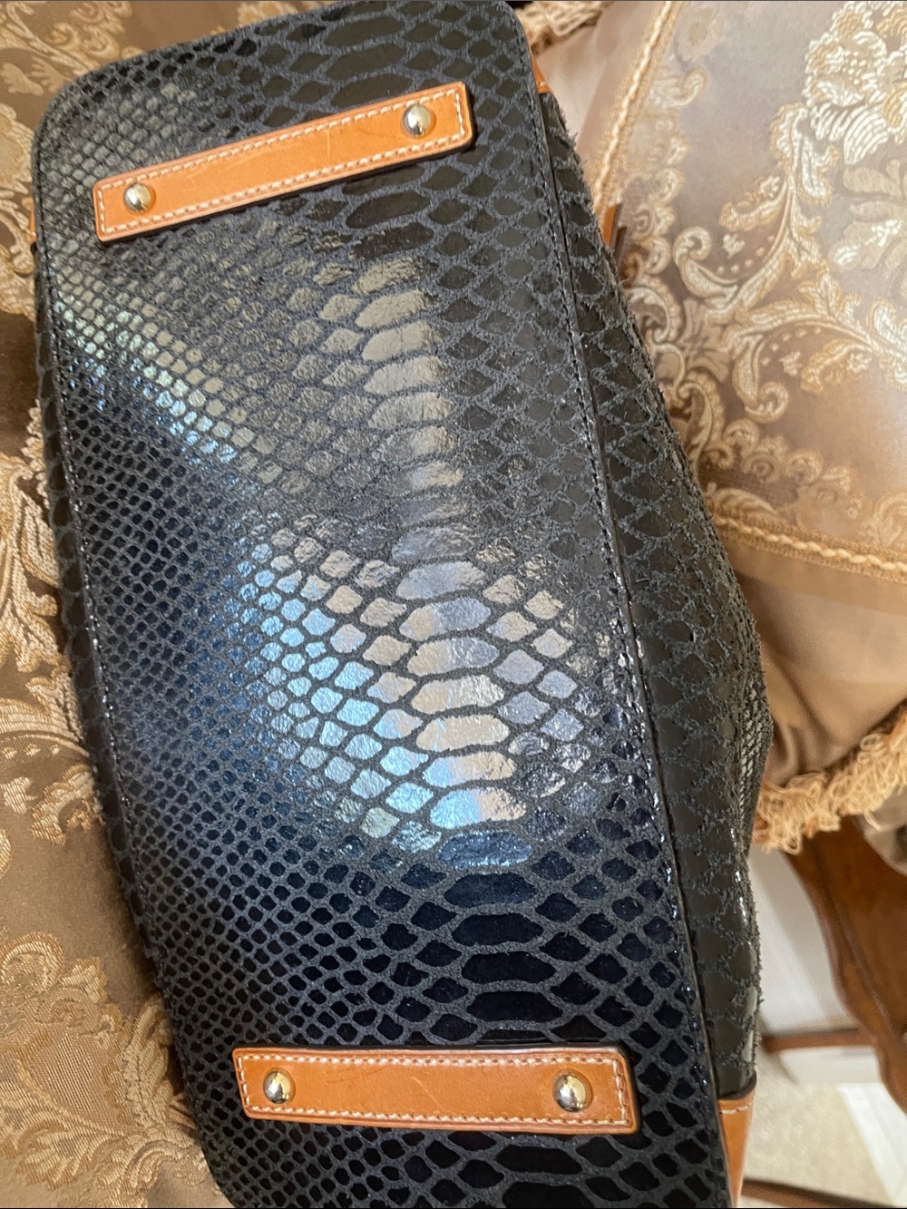 Dooney & Bourke Black Snake-Embossed Leather Hobo with Brown Trim - Picture 4 of 4